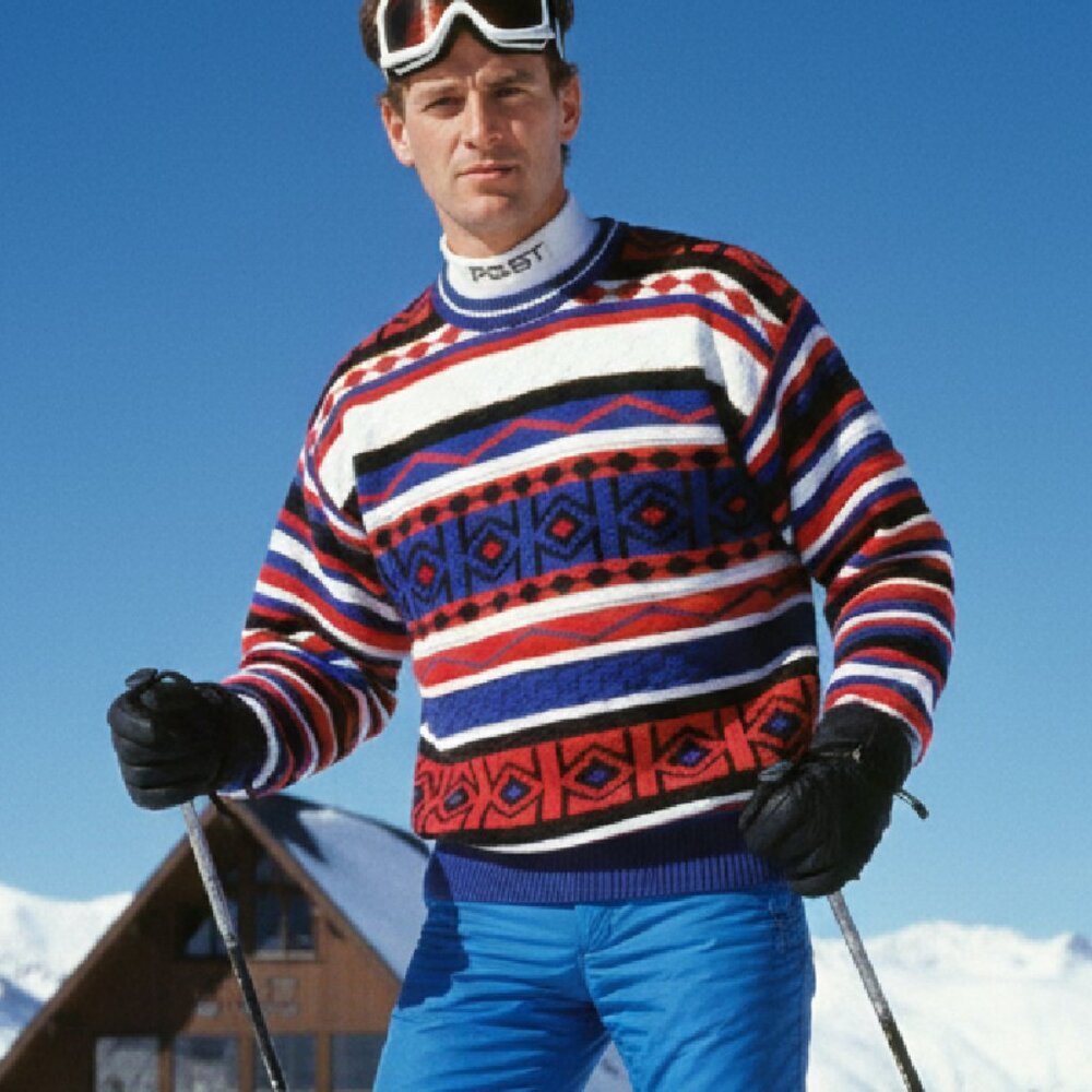 Vintage 90s Ossi Skiwear Sweater Chunky Mixed Knit Red White Blue Large Retro